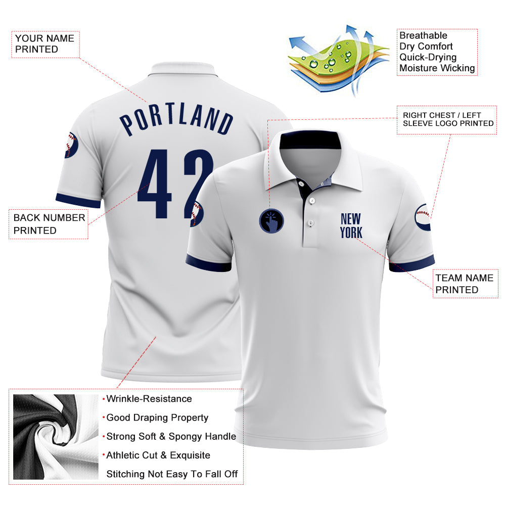Custom White Navy Performance Golf Polo Shirt view 3