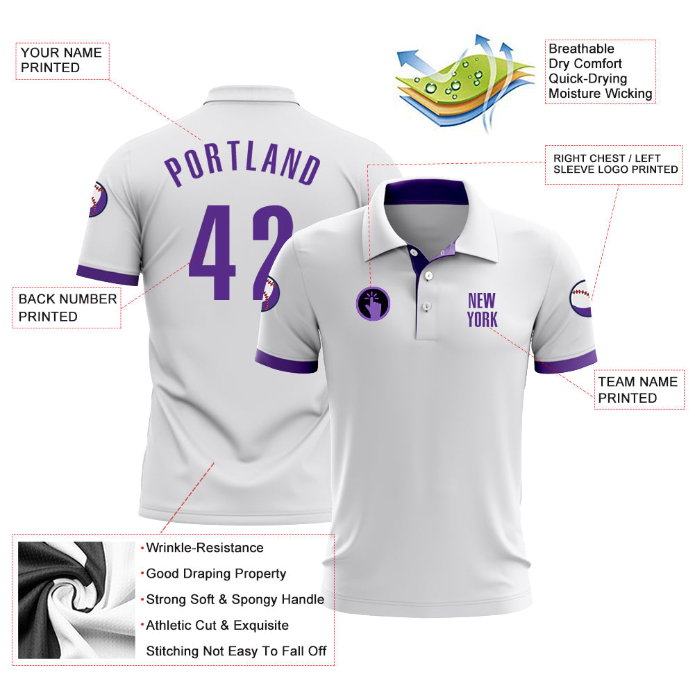 Custom White Purple Performance Golf Polo Shirt view 3