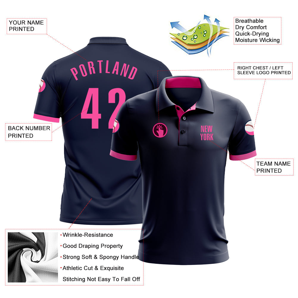 Custom Navy Pink Performance Golf Polo Shirt view 3