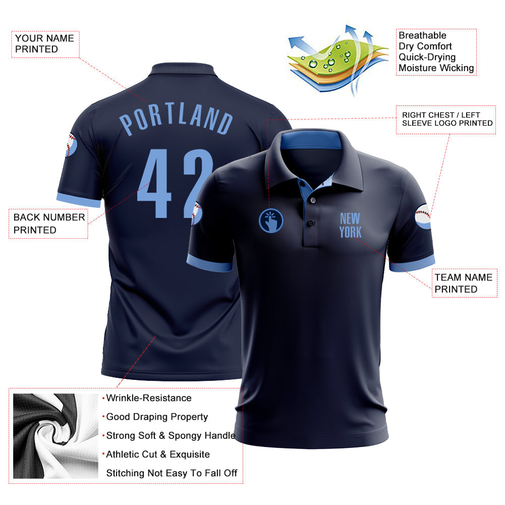 Custom Navy Light Blue Performance Golf Polo Shirt view 3