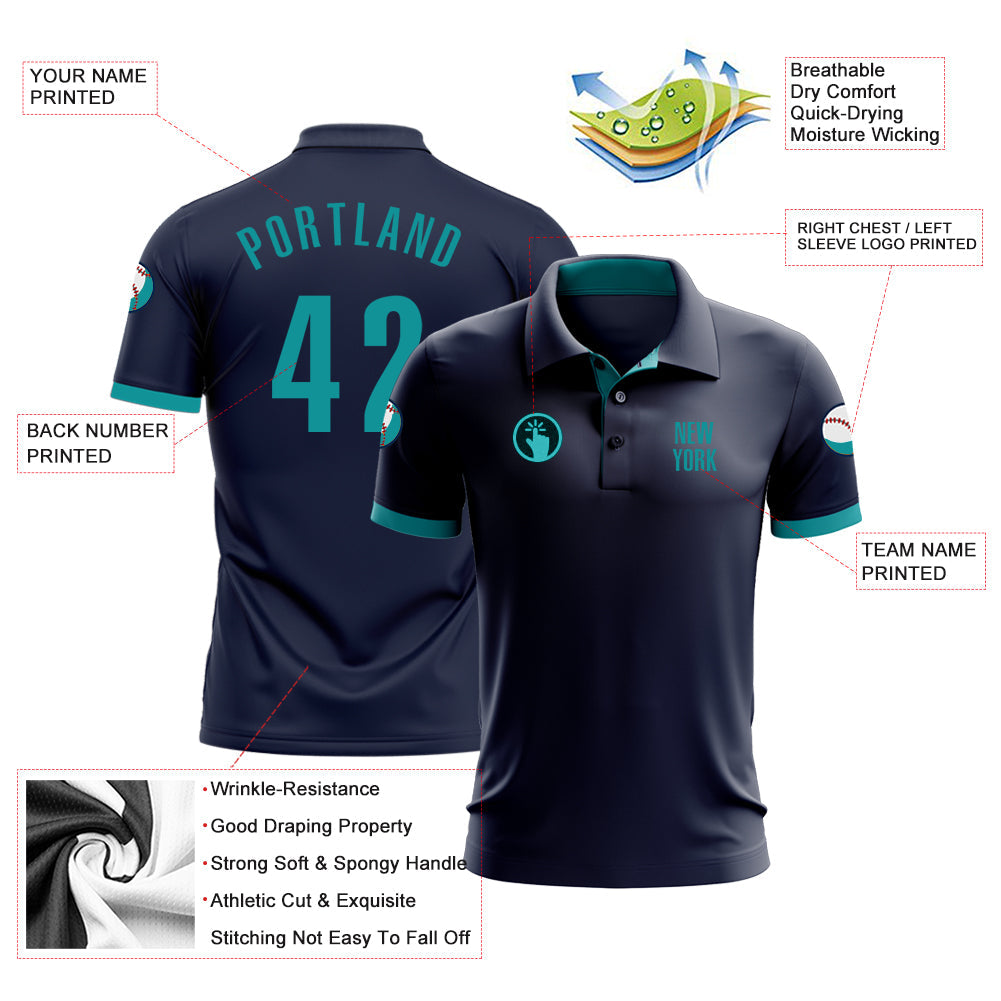 Custom Navy Aqua Performance Golf Polo Shirt view 3