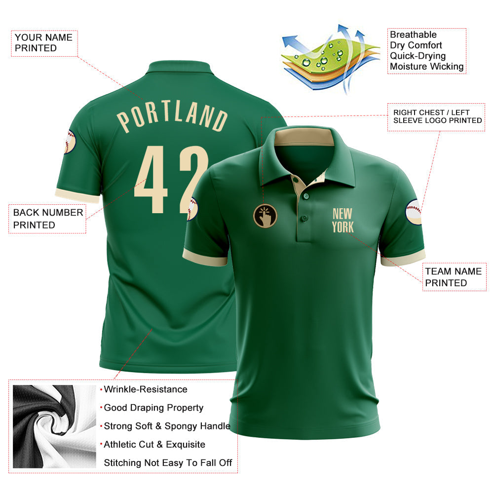 Custom Kelly Green Cream Performance Golf Polo Shirt view 3