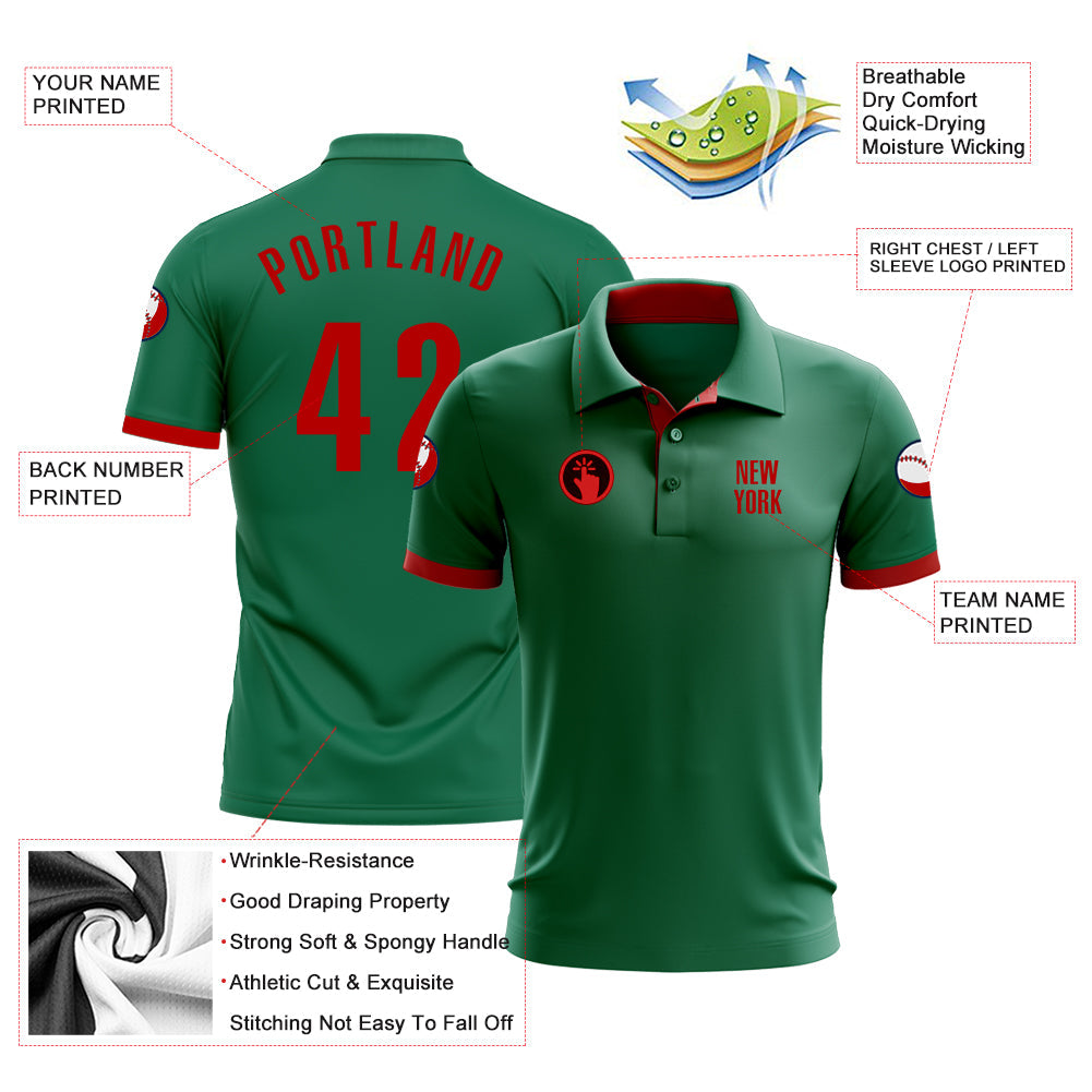 Custom Kelly Green Red Performance Golf Polo Shirt view 3
