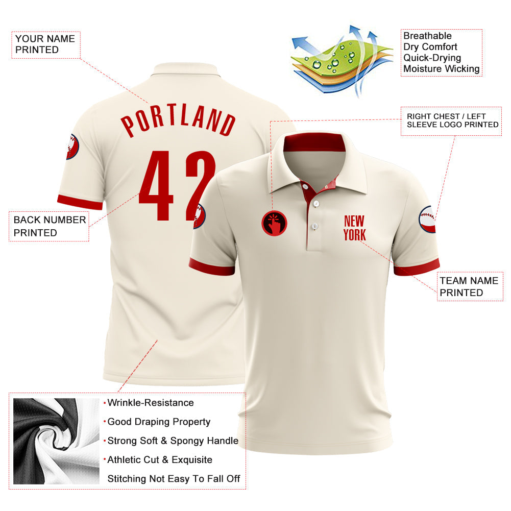 Custom Cream Red Performance Golf Polo Shirt view 3