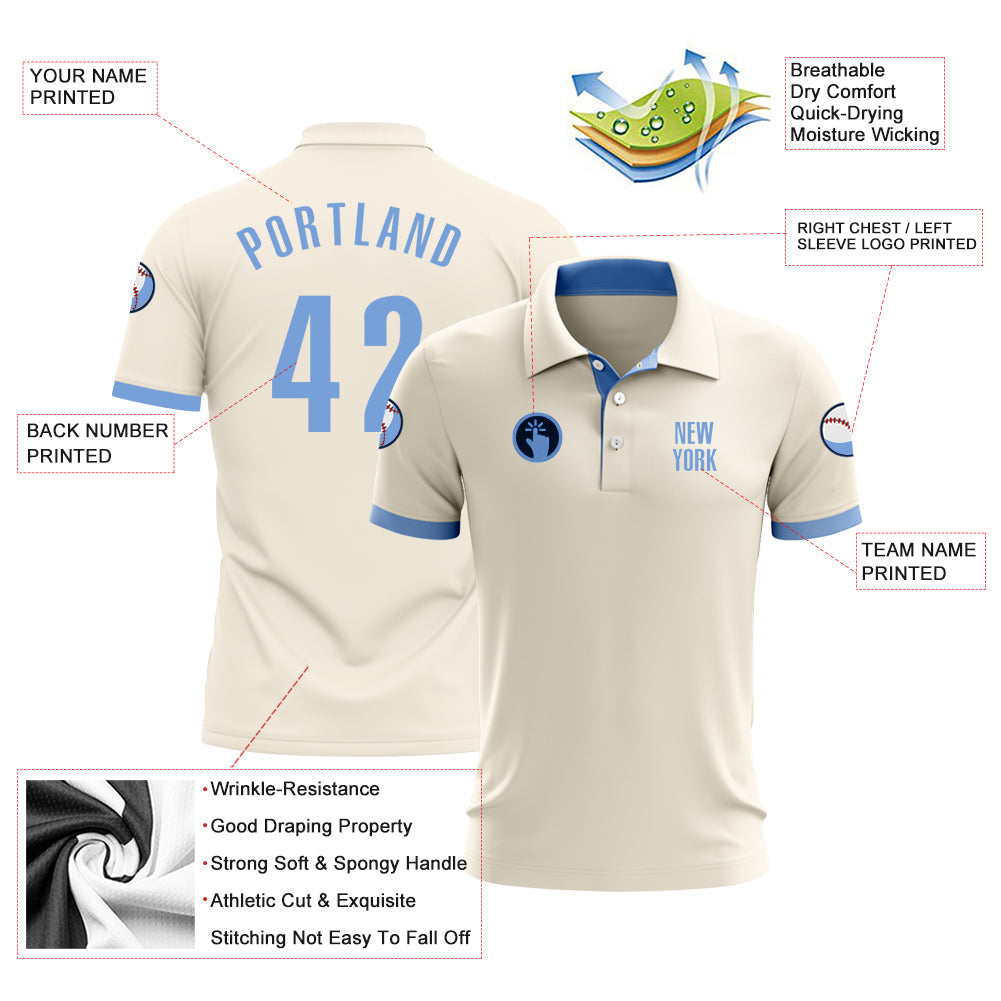 Custom Cream Light Blue Performance Golf Polo Shirt view 3