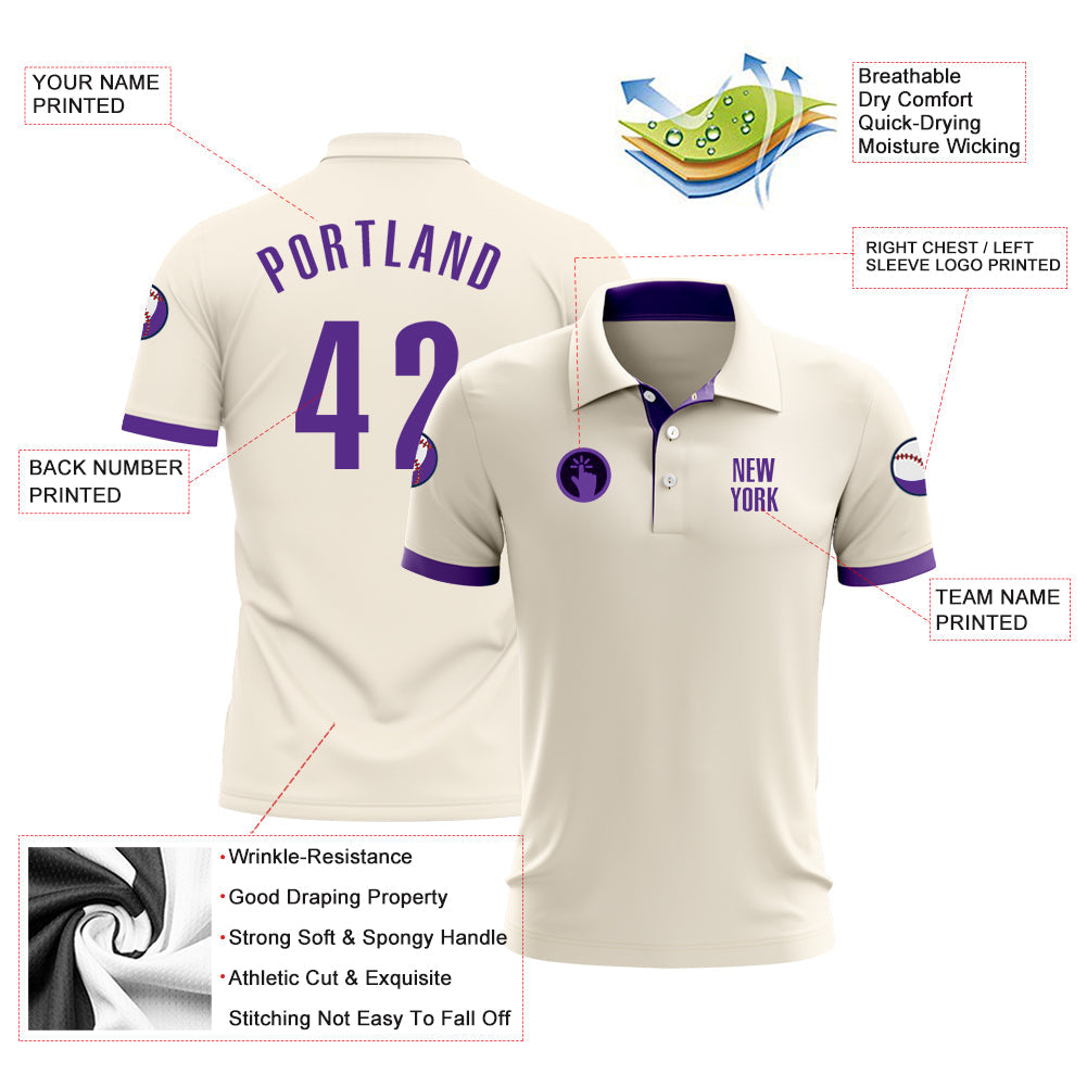 Custom Cream Purple Performance Golf Polo Shirt view 3