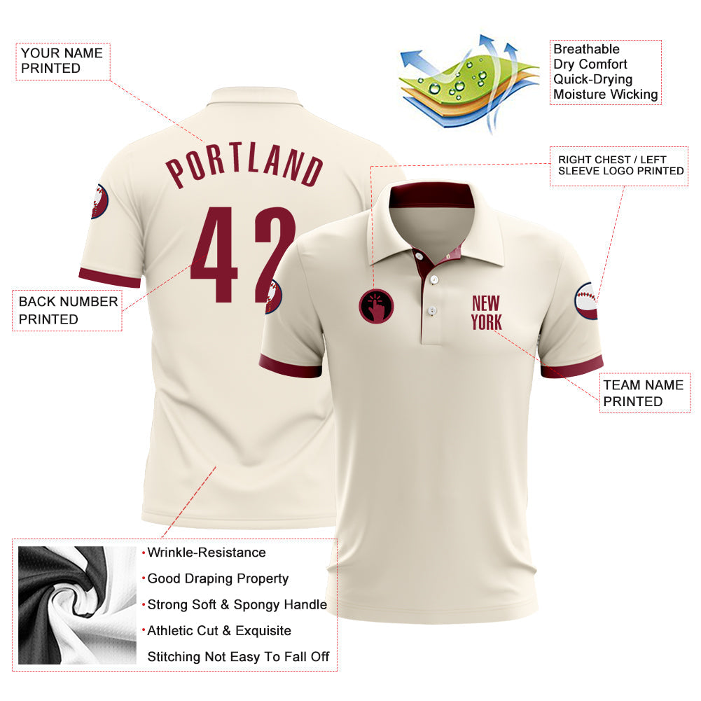 Custom Cream Crimson Performance Golf Polo Shirt view 3