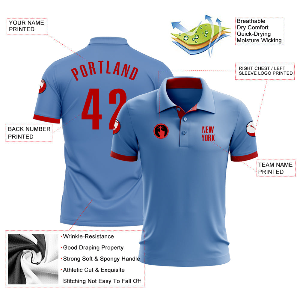 Custom Light Blue Red Performance Golf Polo Shirt view 3