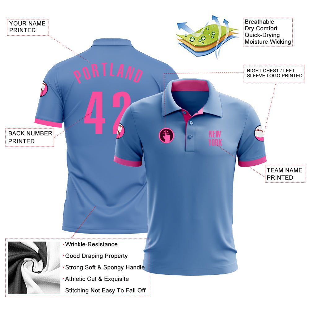 Custom Light Blue Pink Performance Golf Polo Shirt view 3