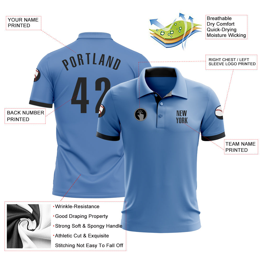 Custom Light Blue Black Performance Golf Polo Shirt view 3