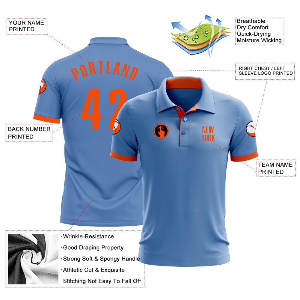 Custom Light Blue Orange Performance Golf Polo Shirt view 3