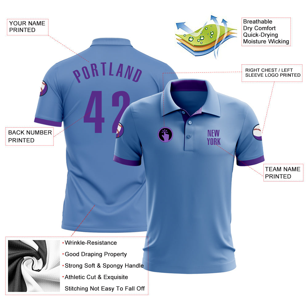 Custom Light Blue Purple Performance Golf Polo Shirt view 3