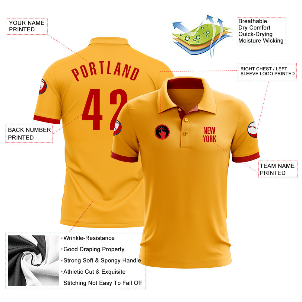 Custom Gold Red Performance Golf Polo Shirt view 3