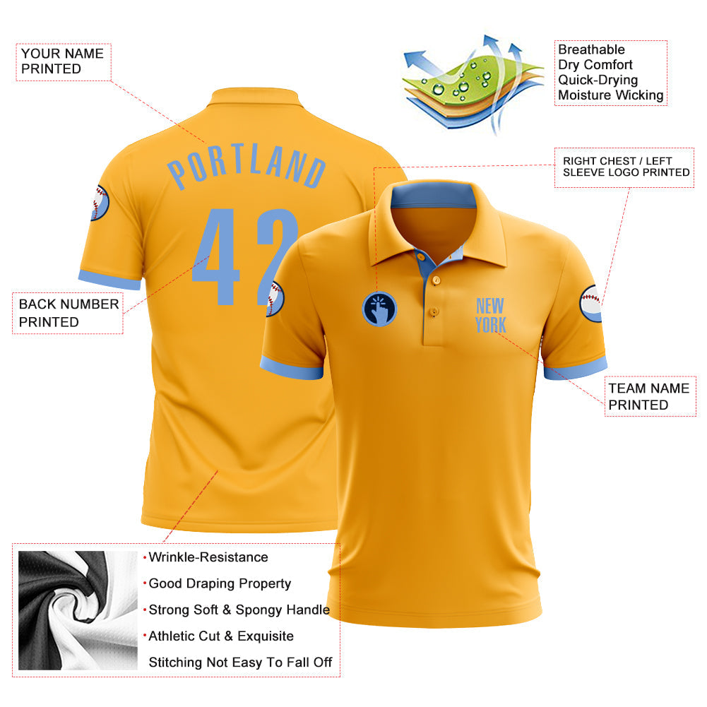 Custom Gold Light Blue Performance Golf Polo Shirt view 3