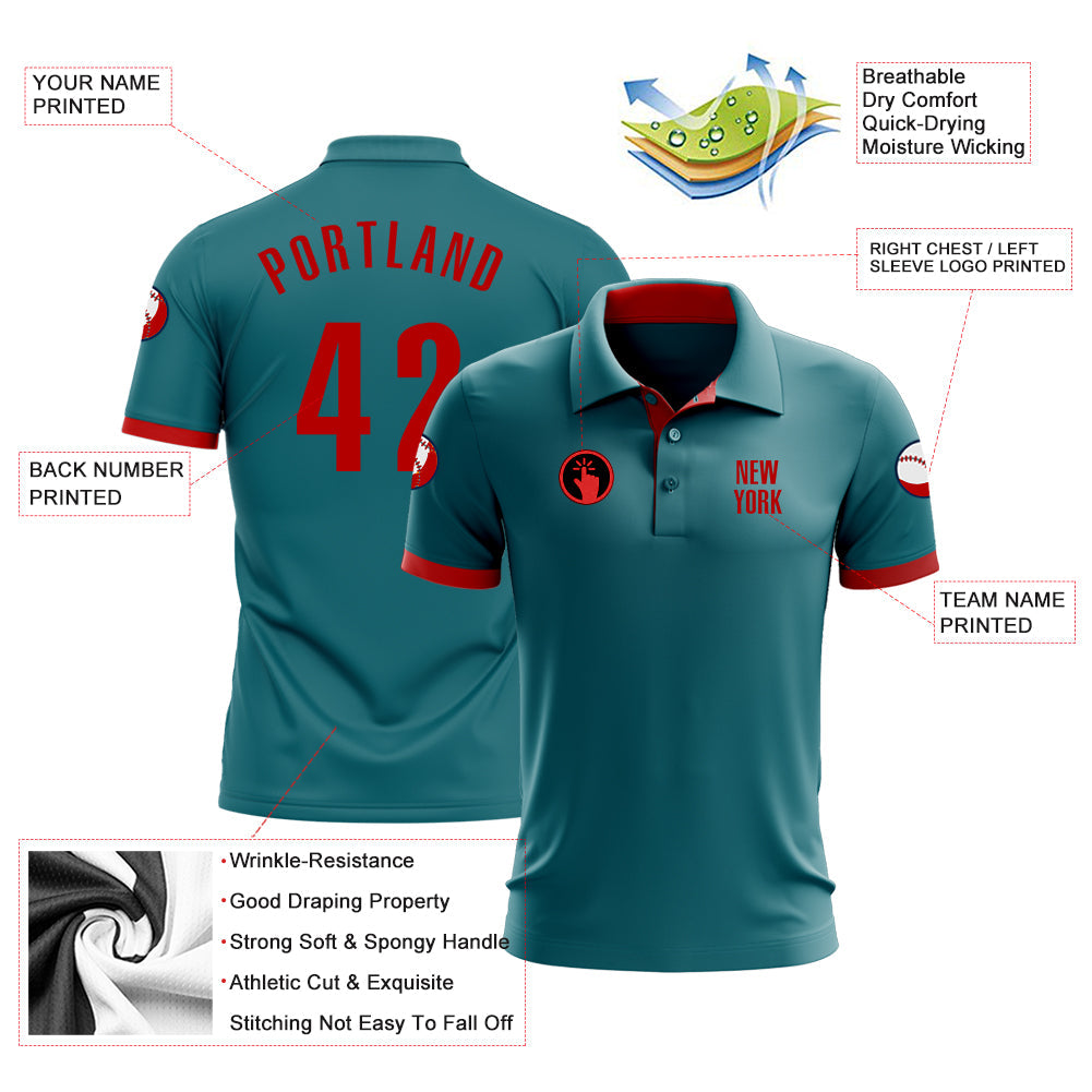 Custom Teal Red Performance Golf Polo Shirt view 3