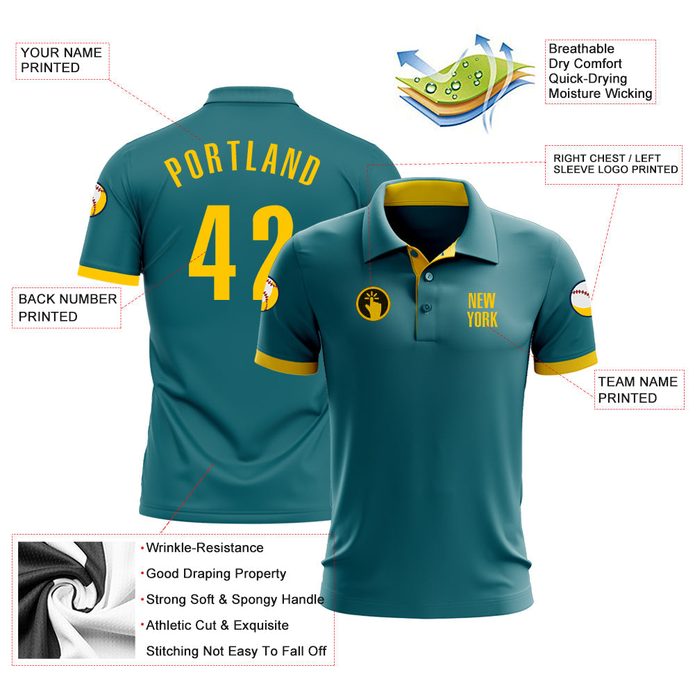 Custom Teal Yellow Performance Golf Polo Shirt view 3