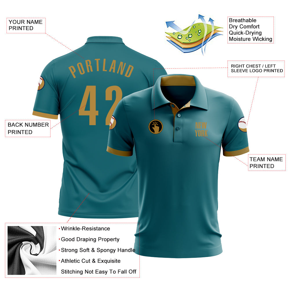Custom Teal Old Gold Performance Golf Polo Shirt view 3