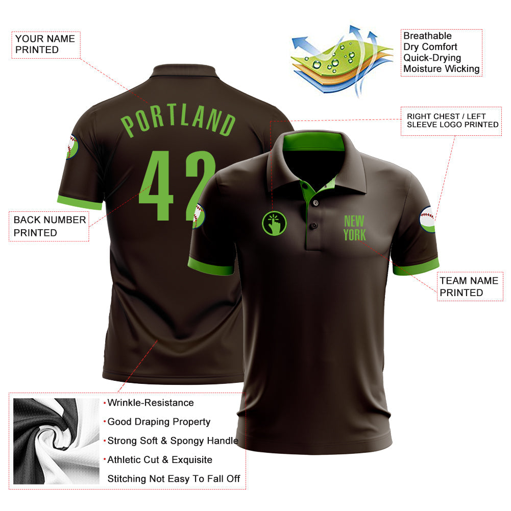 Custom Brown Neon Green Performance Golf Polo Shirt view 3