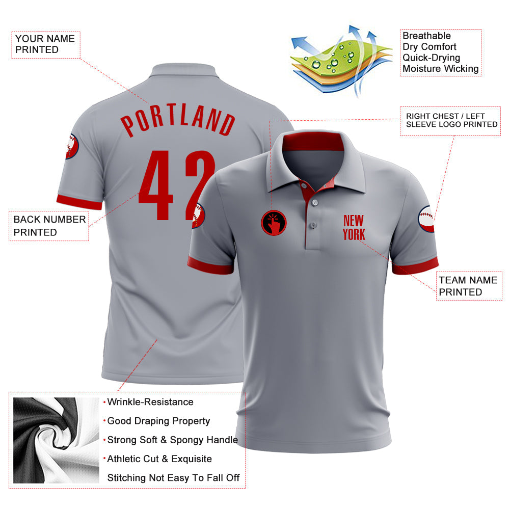 Custom Gray Red Performance Golf Polo Shirt view 3