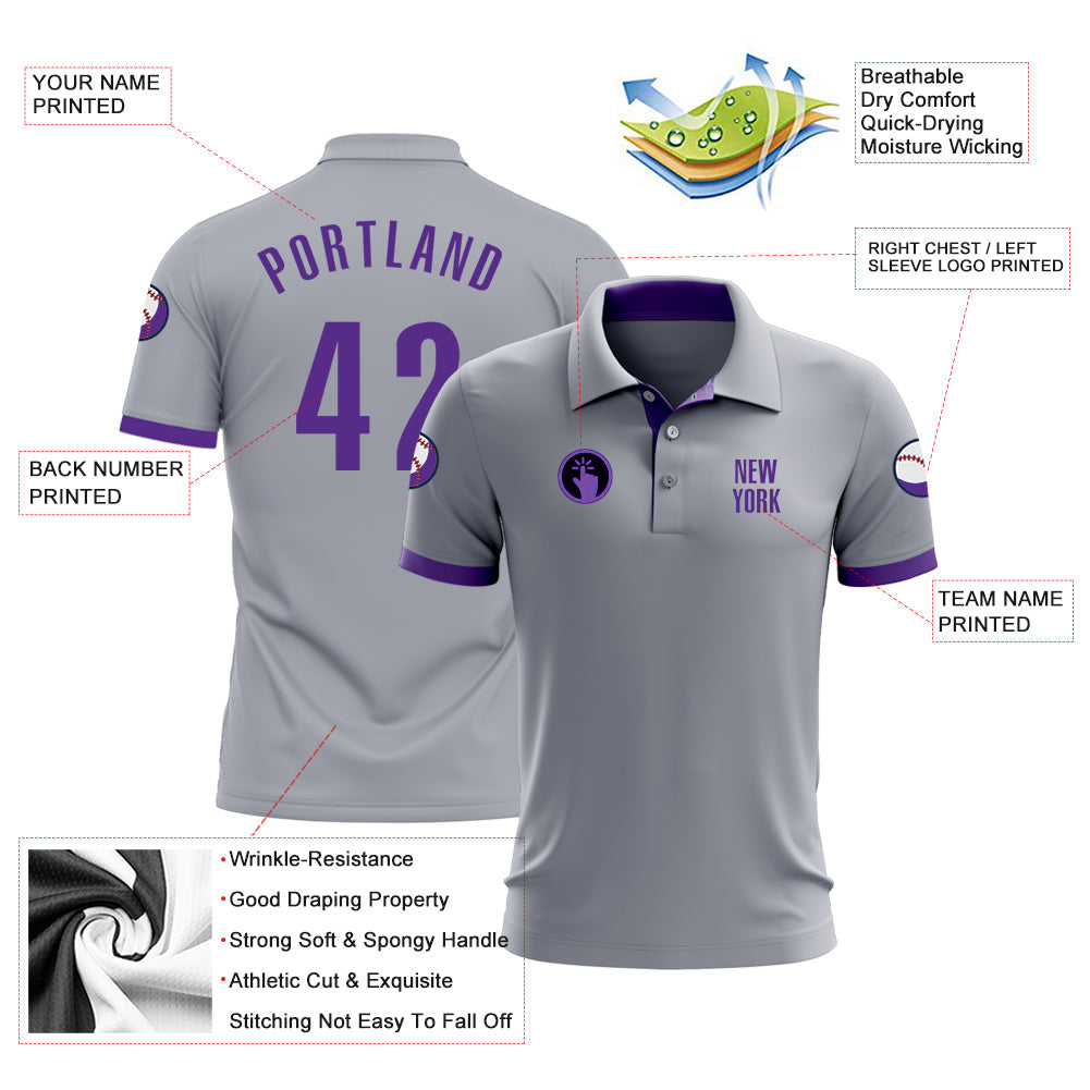 Custom Gray Purple Performance Golf Polo Shirt view 3