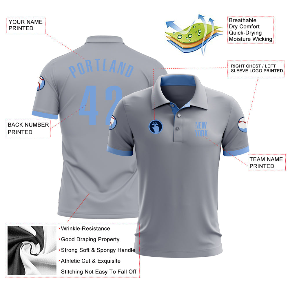 Custom Gray Light Blue Performance Golf Polo Shirt view 3
