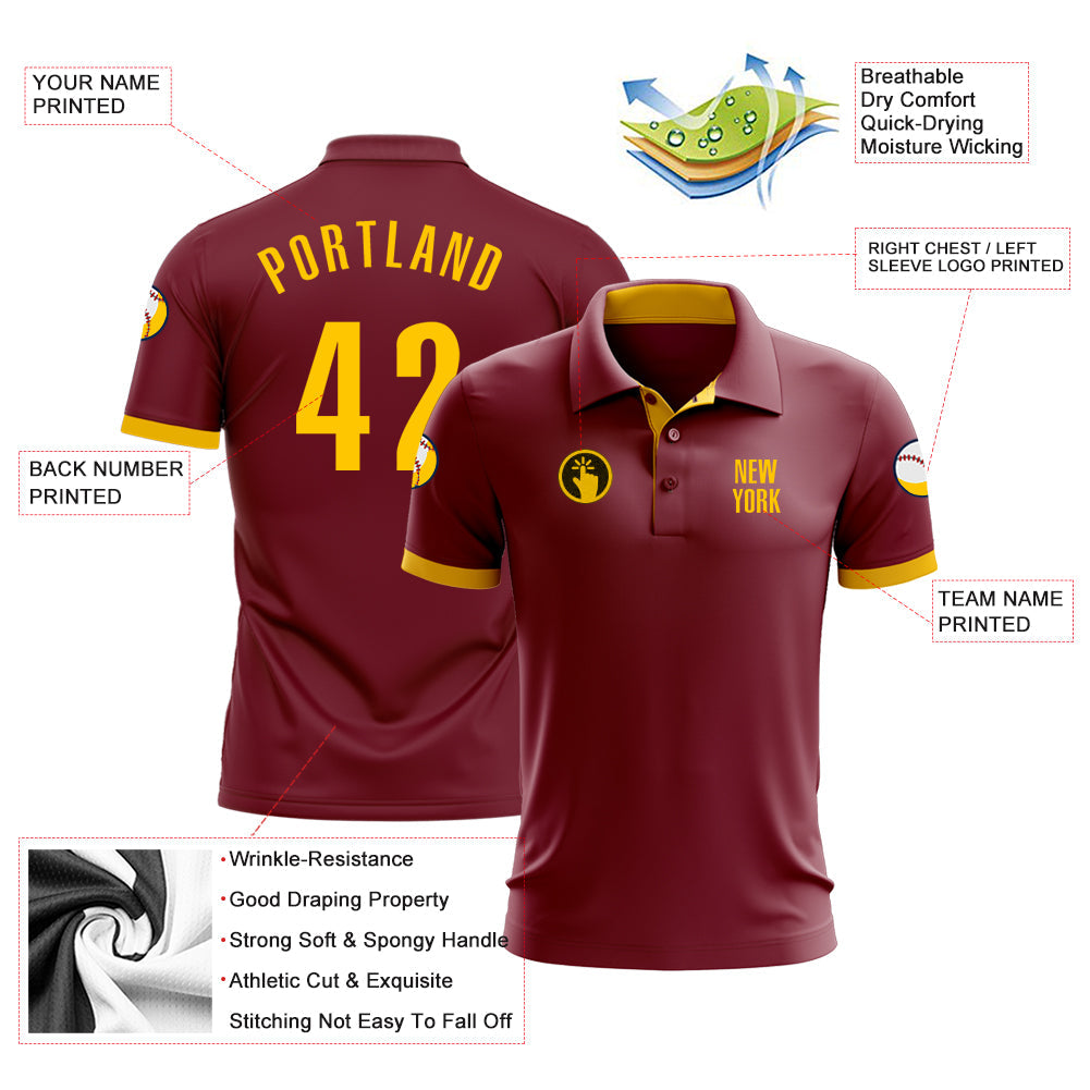 Custom Crimson Yellow Performance Golf Polo Shirt view 3