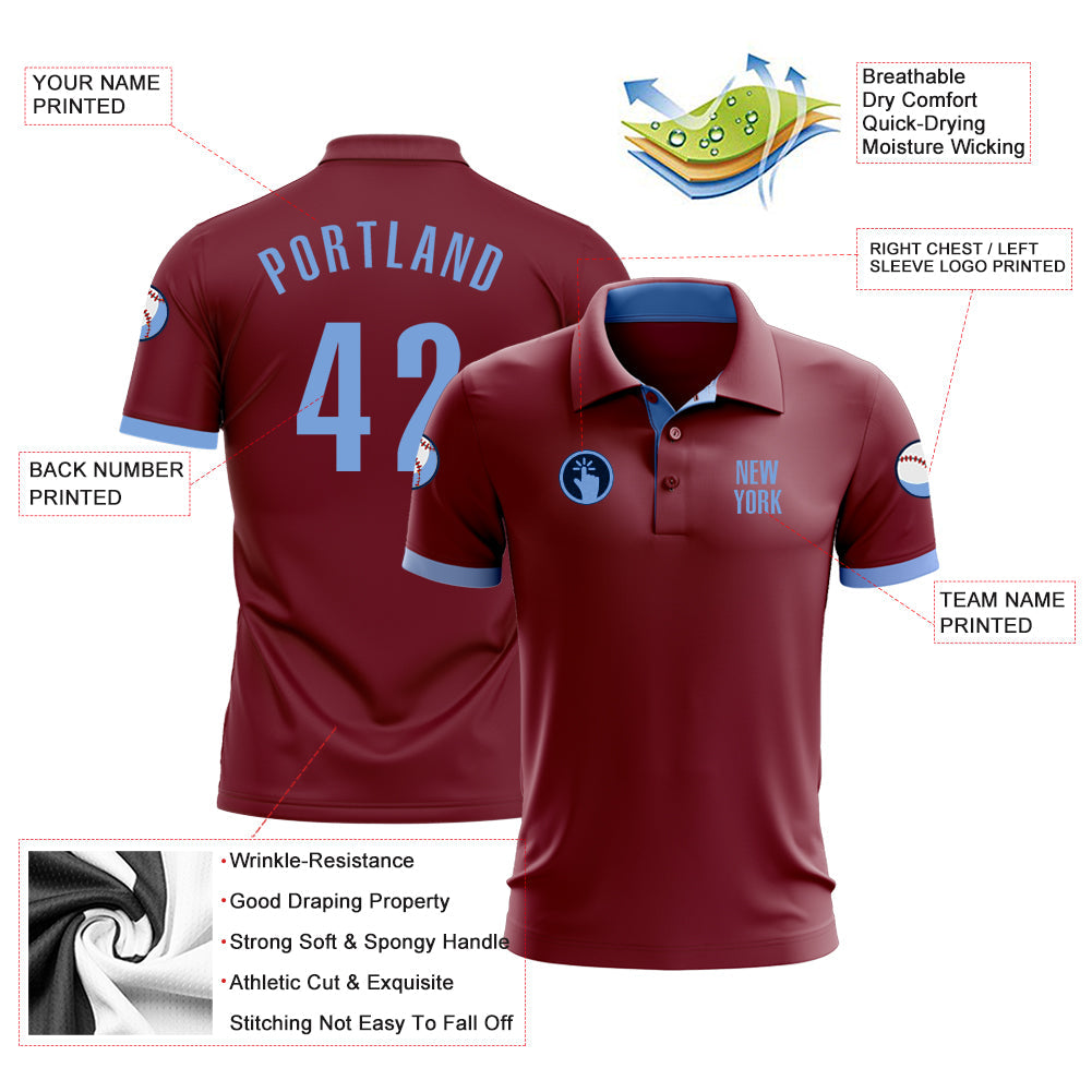 Custom Crimson Light Blue Performance Golf Polo Shirt view 3