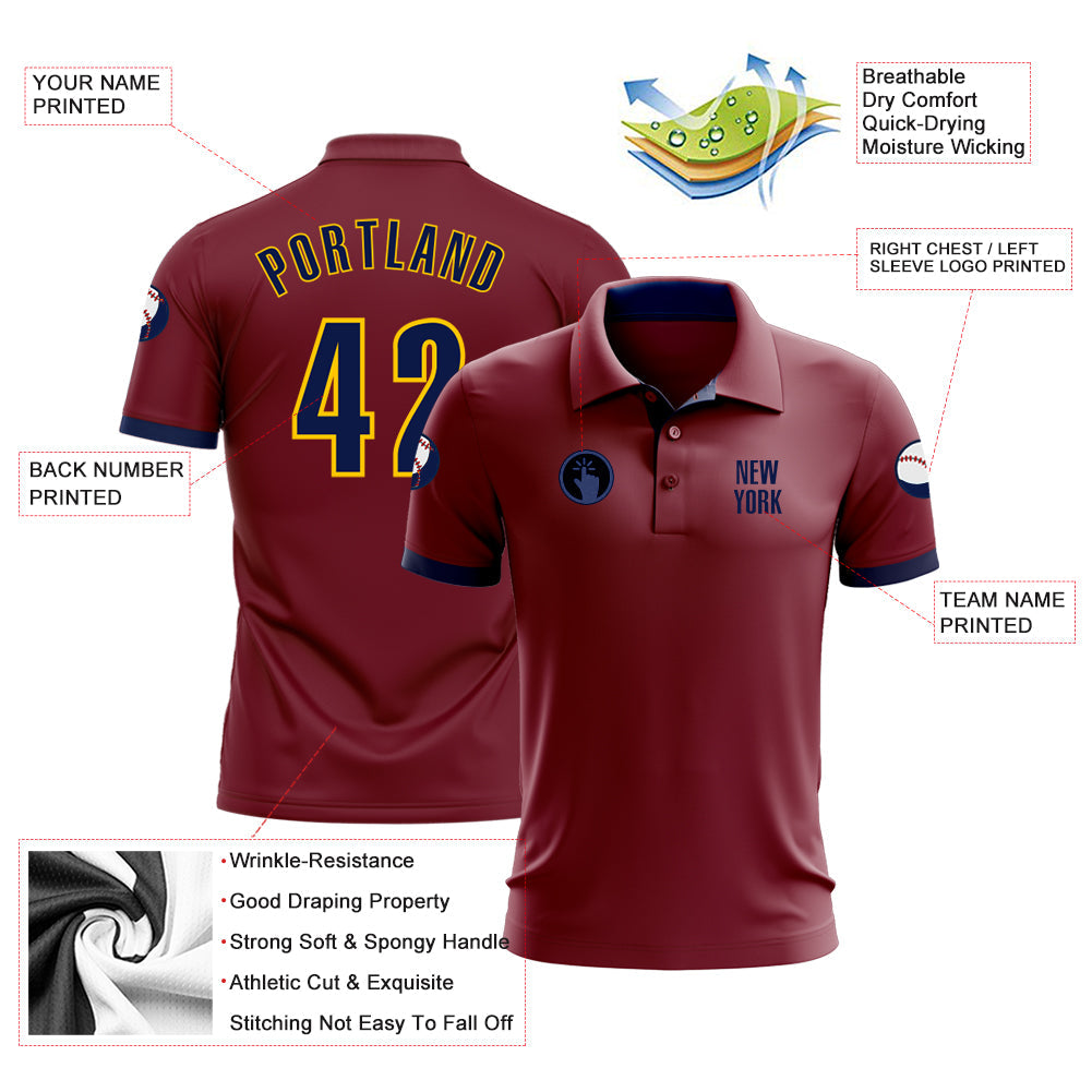 Custom Crimson Navy-Yellow Performance Golf Polo Shirt view 3