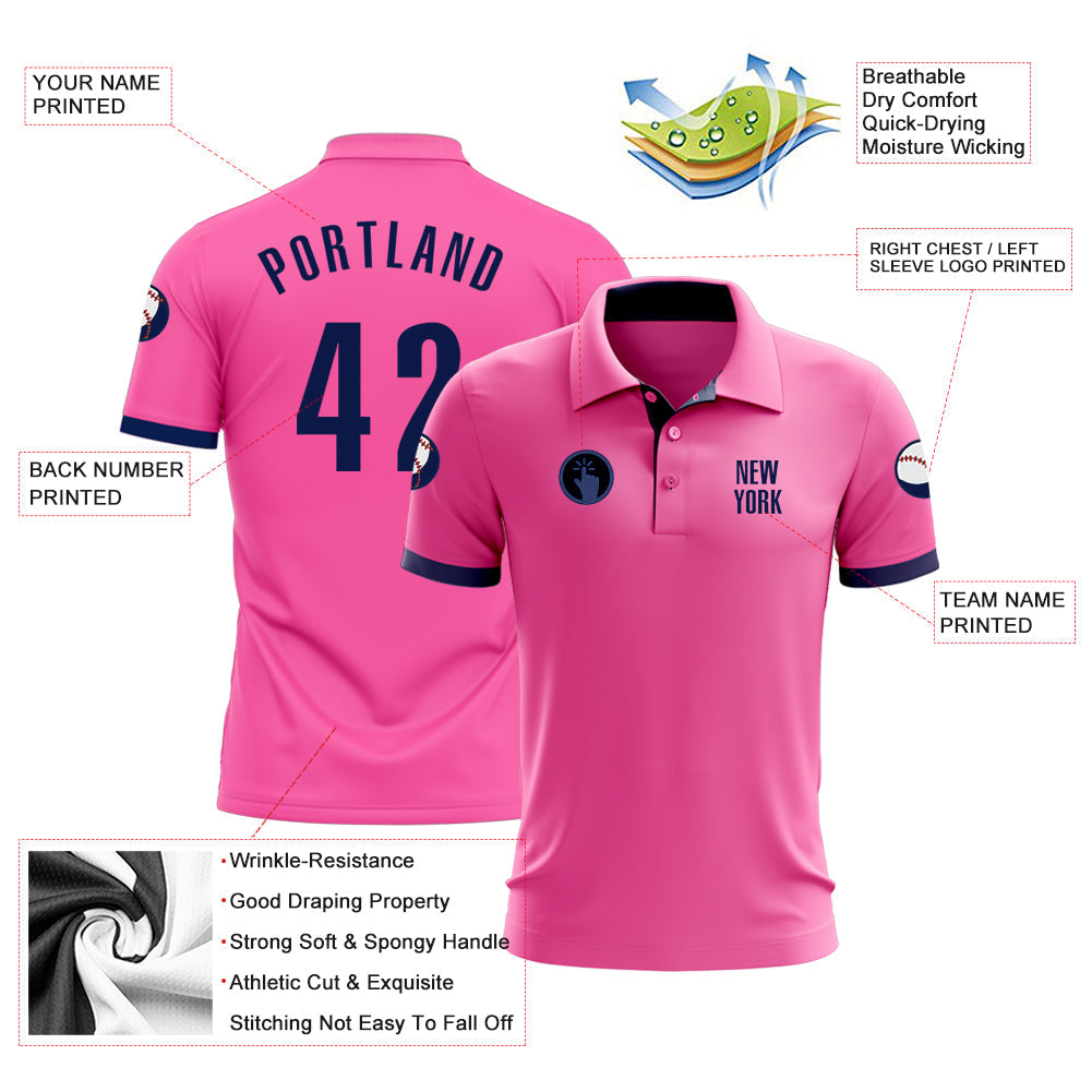 Custom Pink Navy Performance Golf Polo Shirt view 3