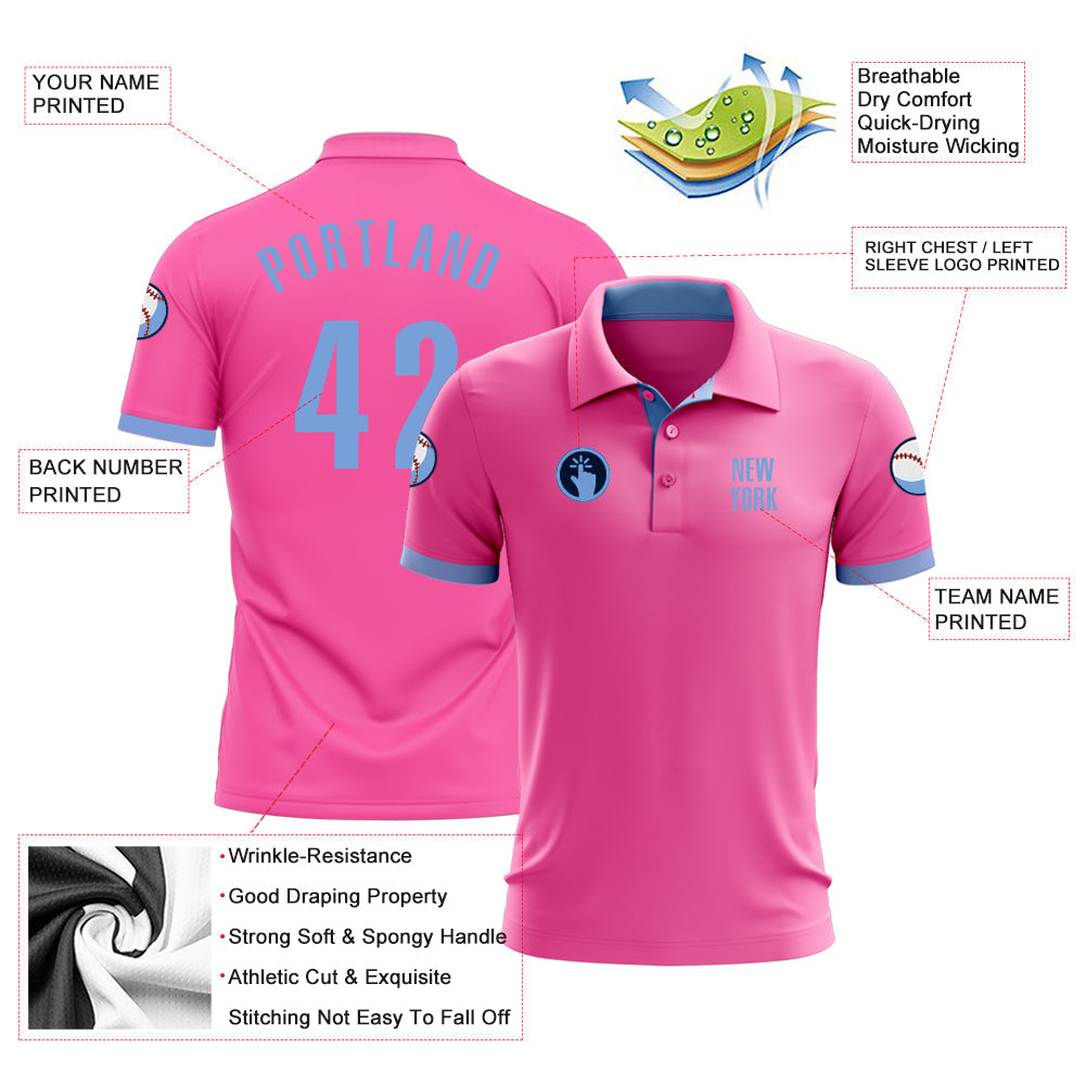 Custom Pink Light Blue Performance Golf Polo Shirt view 3