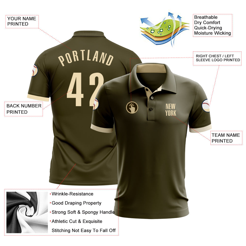 Custom Olive Cream Performance Salute To Service Golf Polo Shirt view 3