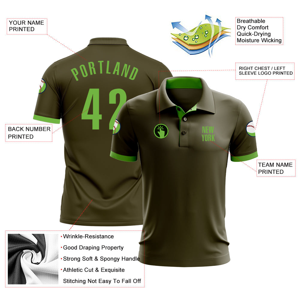 Custom Olive Neon Green Performance Salute To Service Golf Polo Shirt view 3