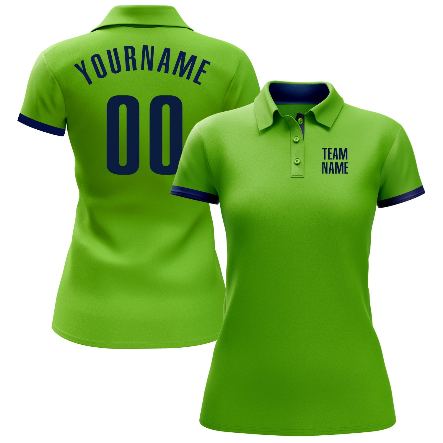 Custom Neon Green Navy Performance Golf Polo Shirt view 2