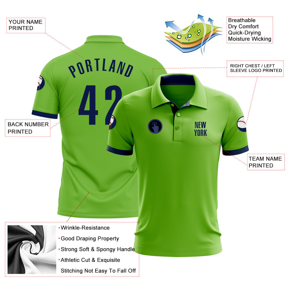 Custom Neon Green Navy Performance Golf Polo Shirt view 3