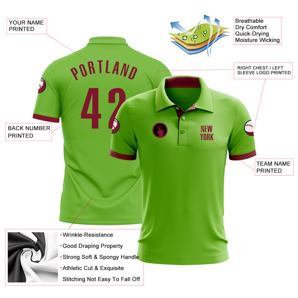 Custom Neon Green Crimson Performance Golf Polo Shirt view 3