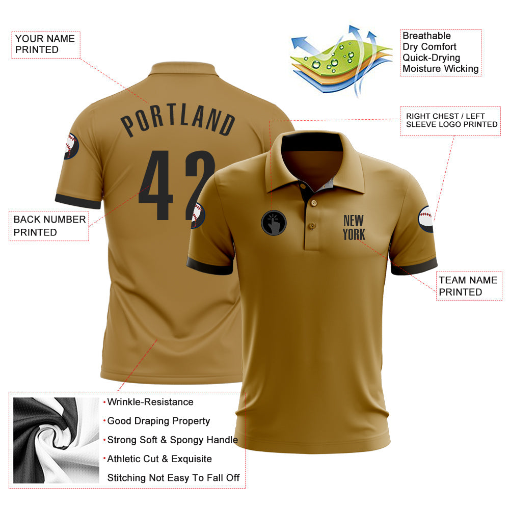 Custom Old Gold Black Performance Golf Polo Shirt view 3
