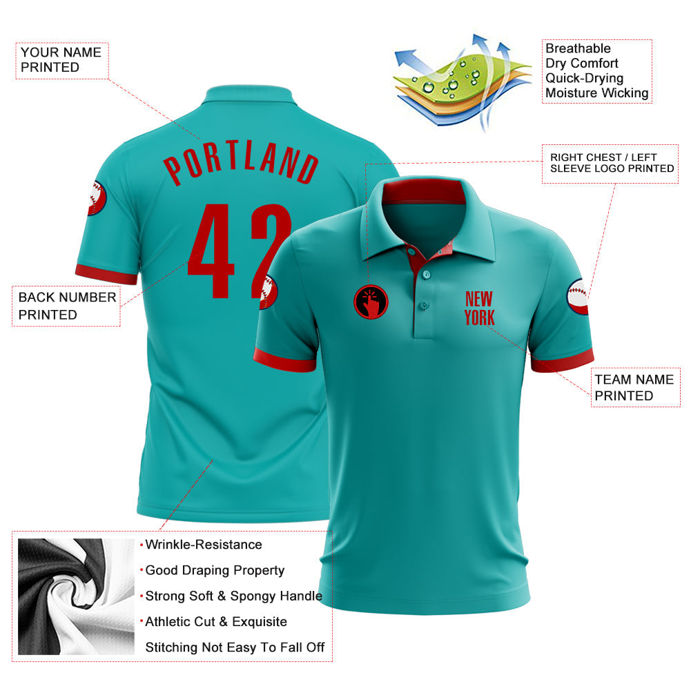 Custom Aqua Red Performance Golf Polo Shirt view 3