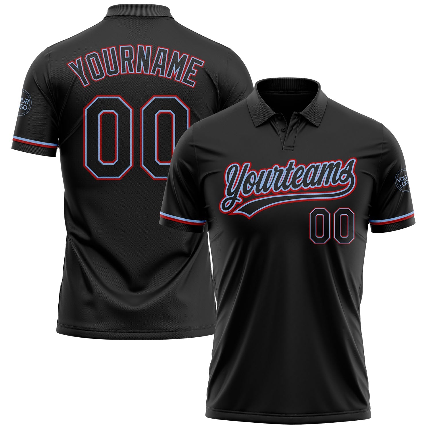 Custom Black Black Light Blue-Red Performance Vapor Golf Polo Shirt - Main View