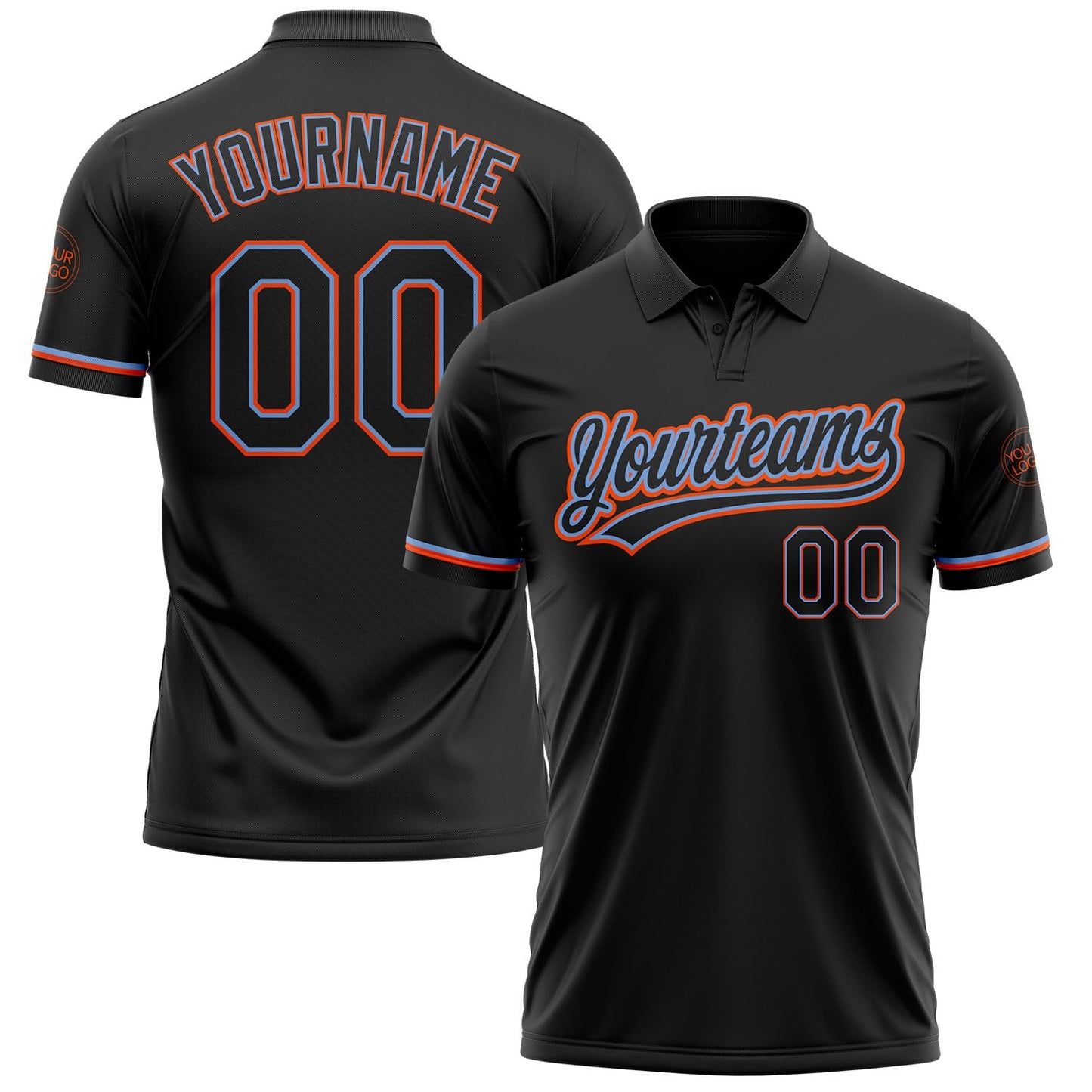 Custom Black Black Powder Blue-Orange Performance Vapor Golf Polo Shirt - Main View