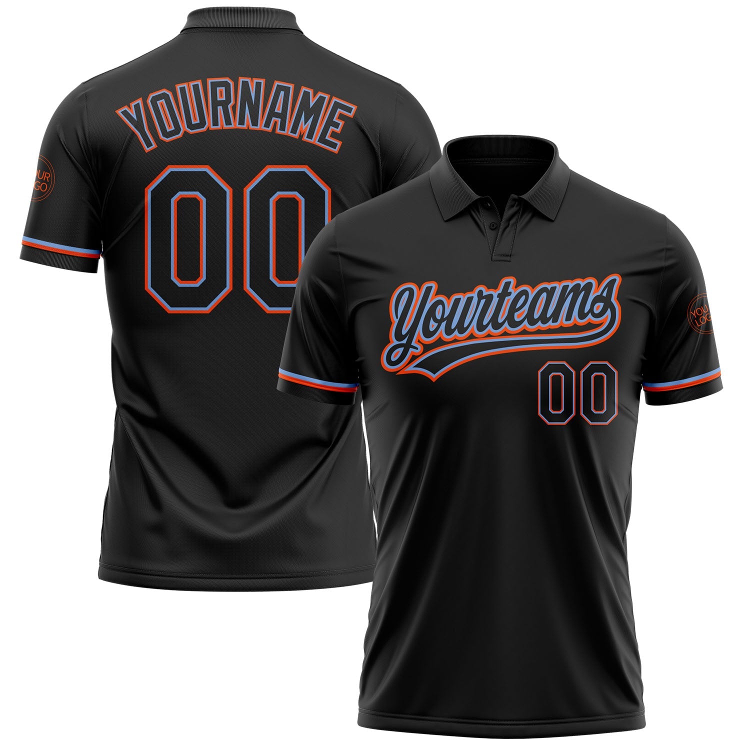 Custom Black Black Powder Blue-Orange Performance Vapor Golf Polo Shirt - Main View