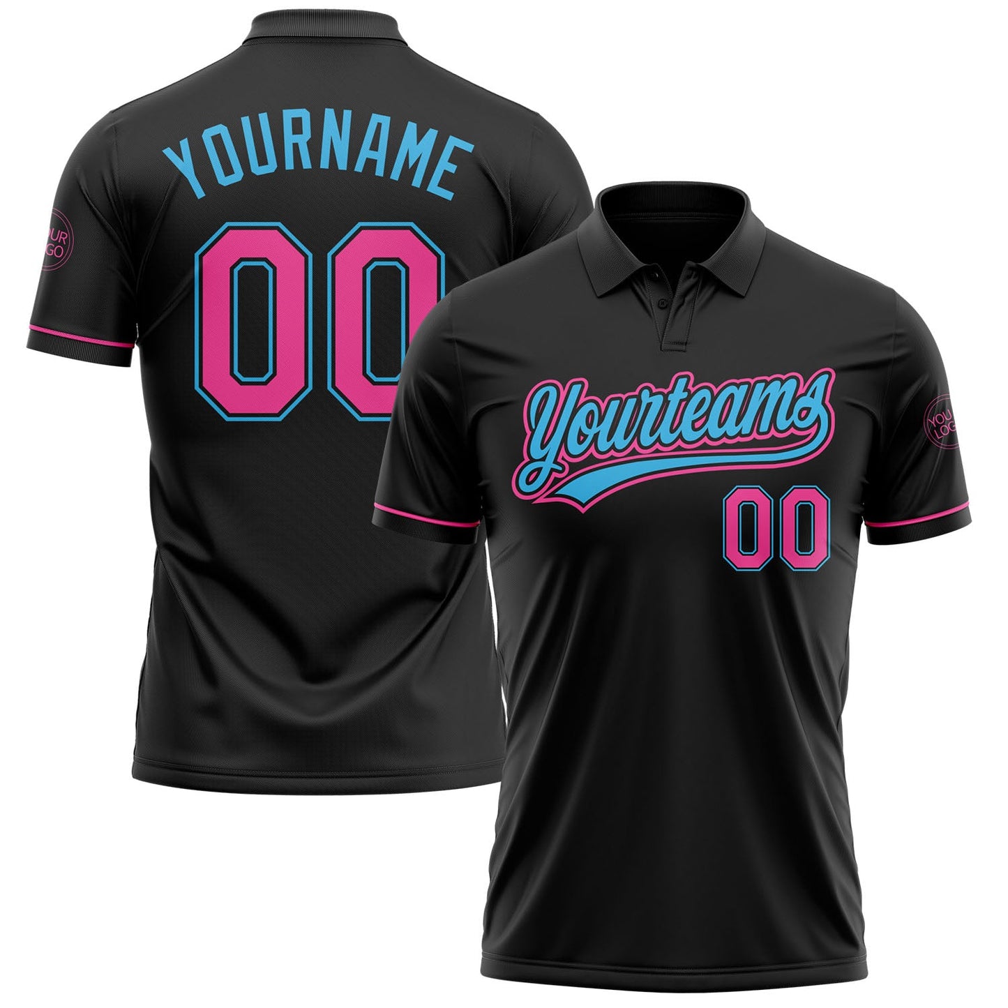 Custom Black Pink-Sky Blue Performance Vapor Golf Polo Shirt - Main View