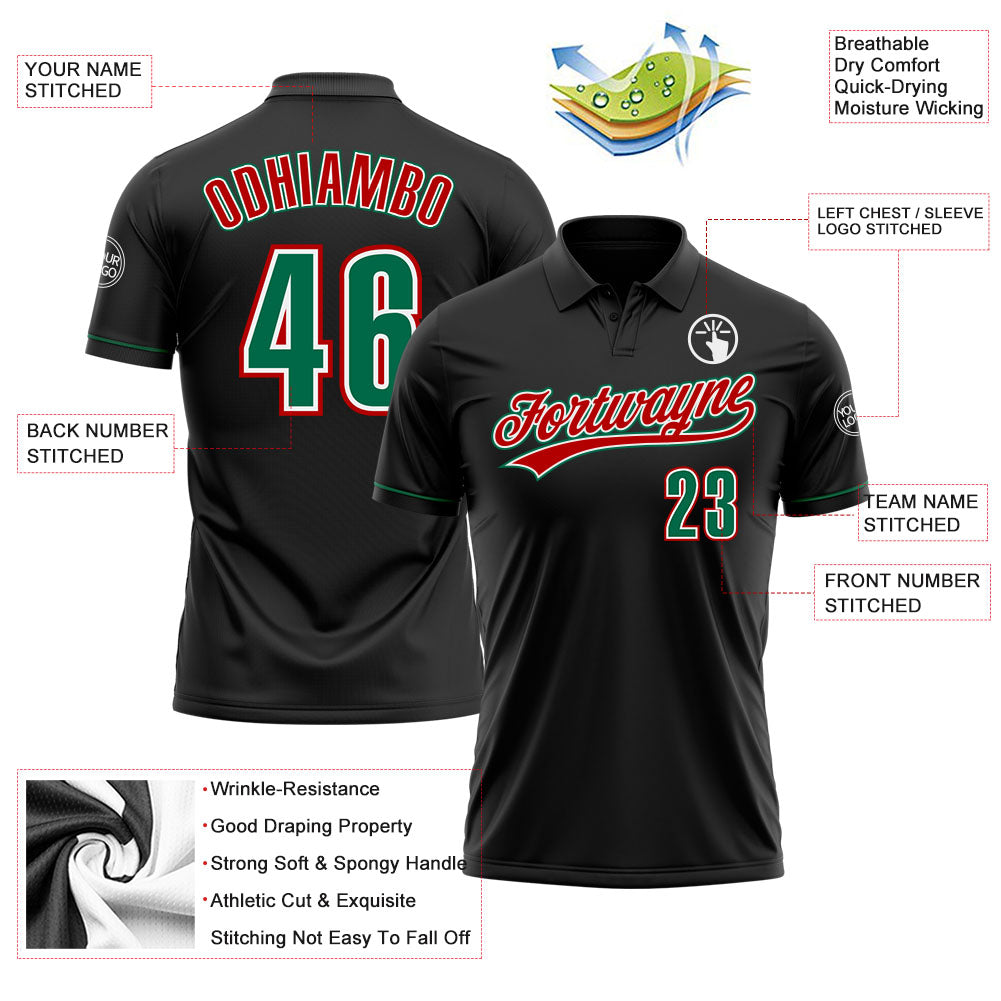 Custom Black Kelly Green-Red Performance Vapor Golf Polo Shirt view 3
