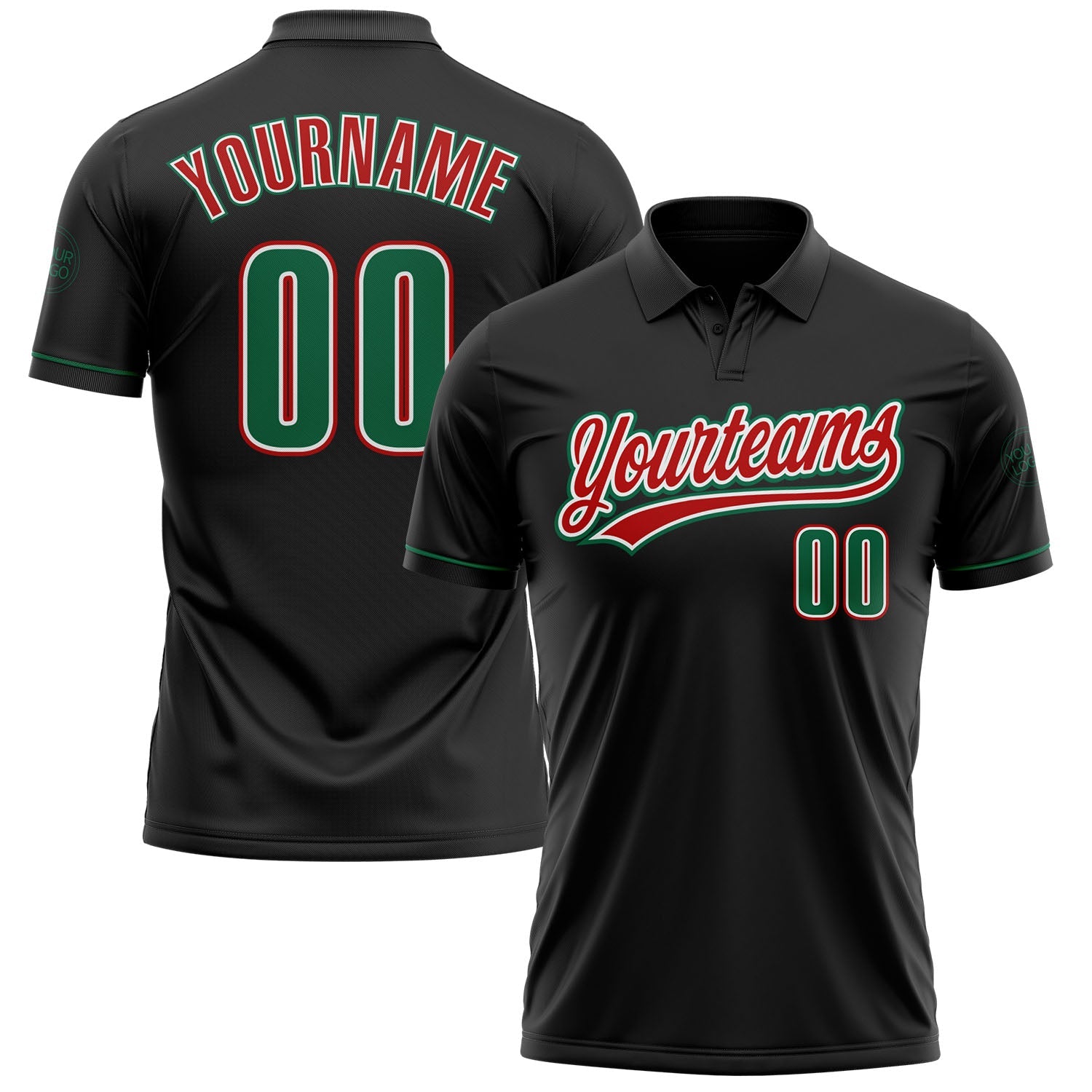 Custom Black Kelly Green-Red Performance Vapor Golf Polo Shirt - Main View