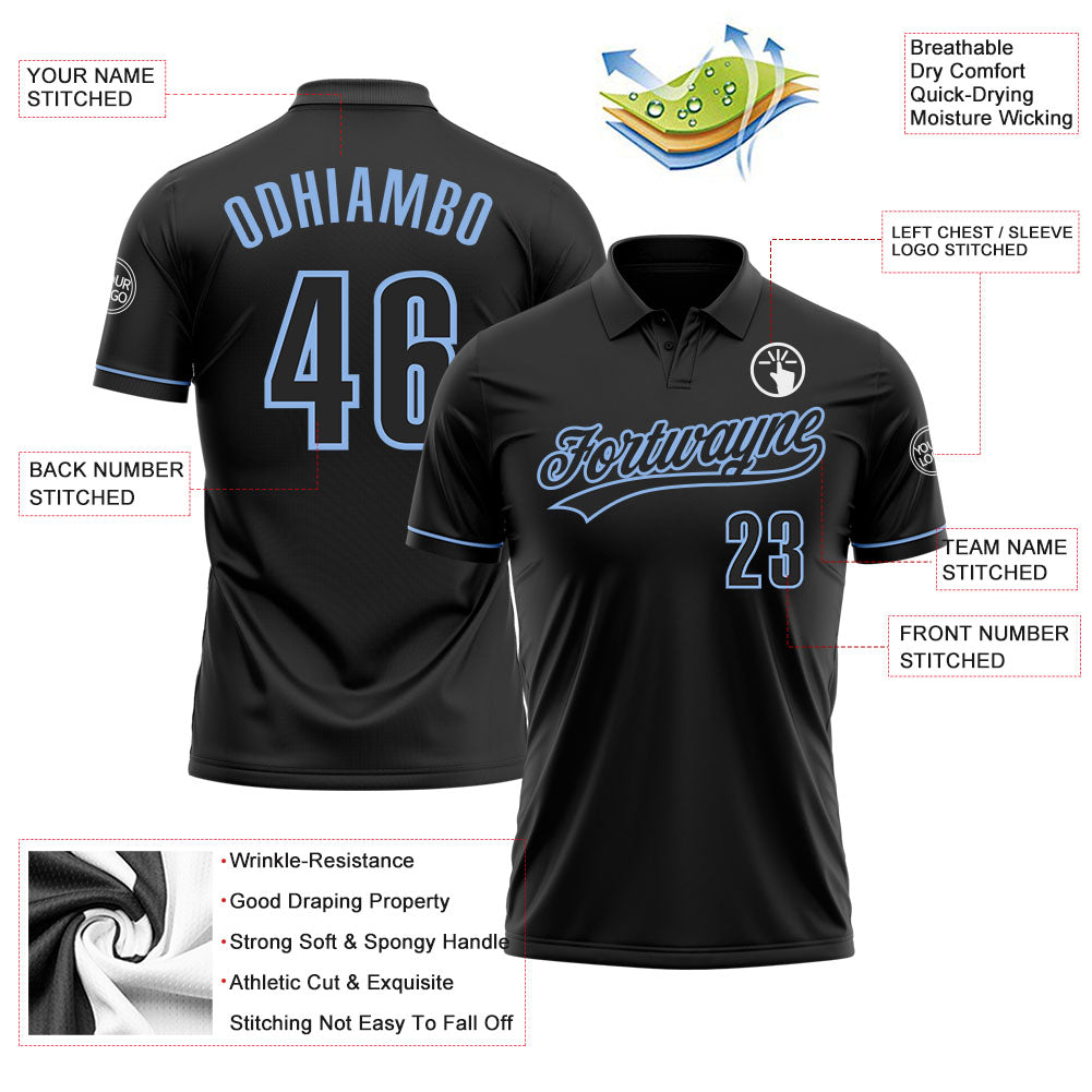 Custom Black Black-Light Blue Performance Vapor Golf Polo Shirt view 3