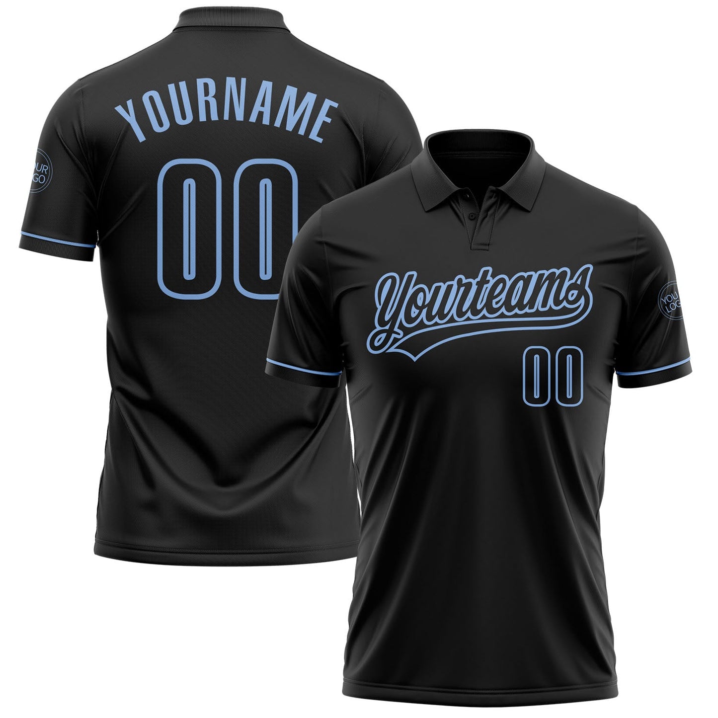 Custom Black Black-Light Blue Performance Vapor Golf Polo Shirt - Main View