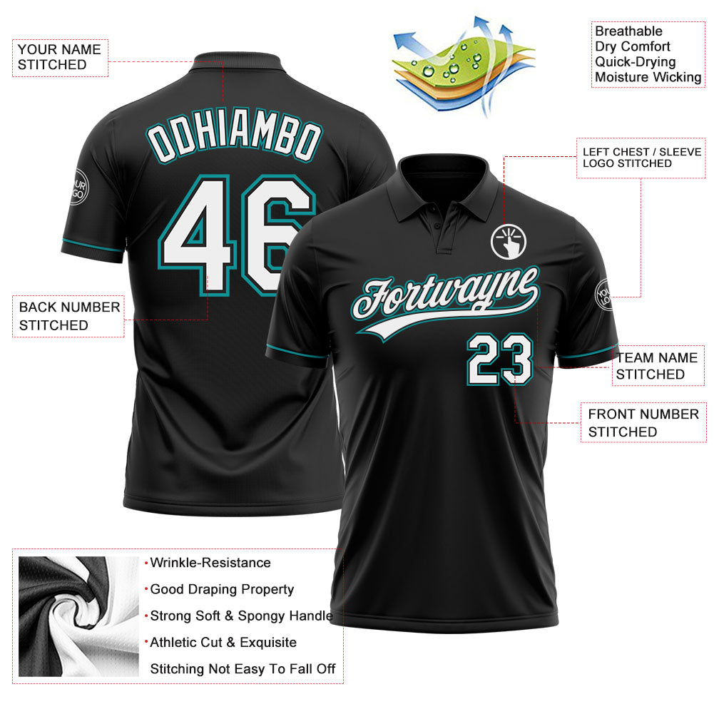 Custom Black White-Teal Performance Vapor Golf Polo Shirt view 3