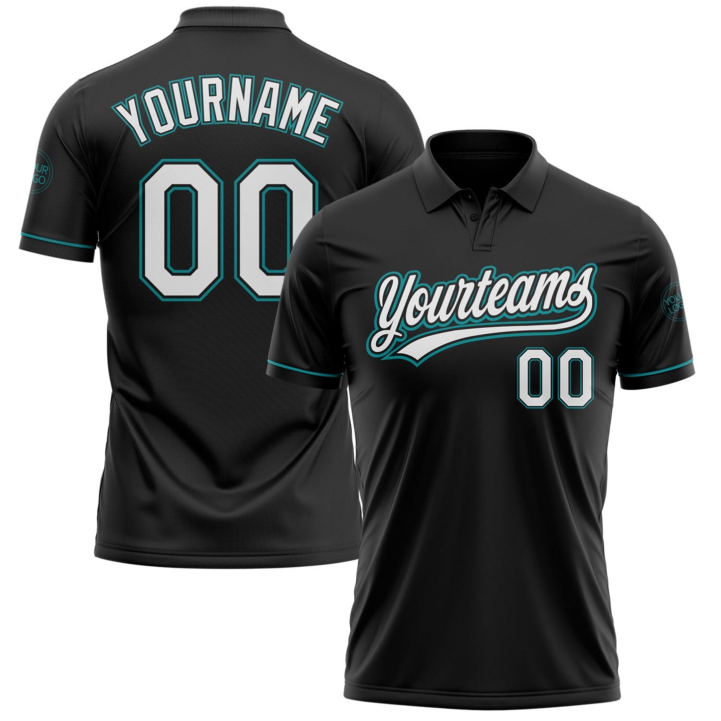 Custom Black White-Teal Performance Vapor Golf Polo Shirt - Main View