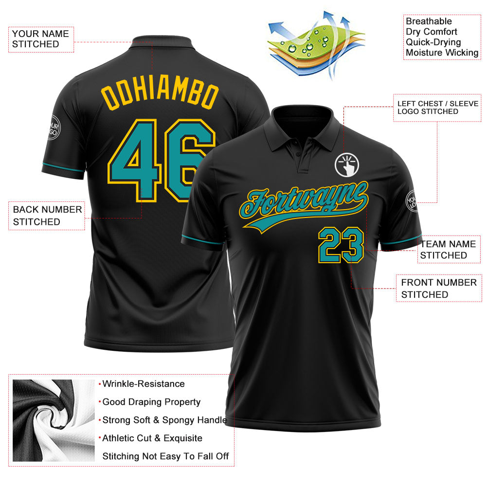 Custom Black Teal-Yellow Performance Vapor Golf Polo Shirt view 3