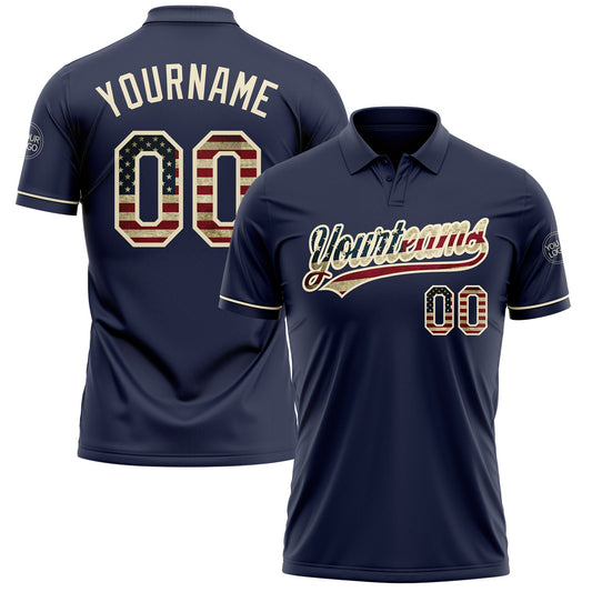 Custom Navy Vintage USA Flag-Cream Performance Vapor Golf Polo Shirt - Main View