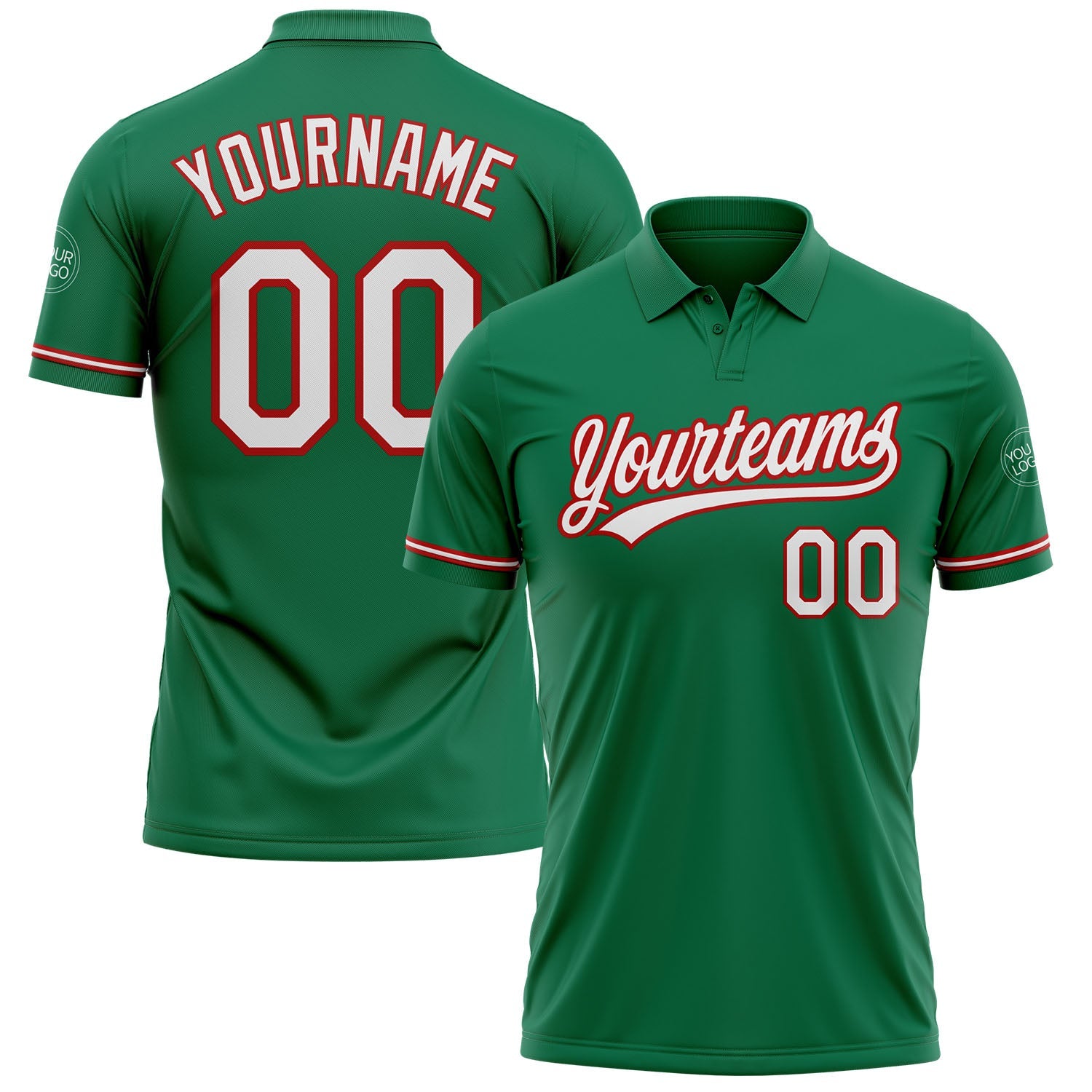 Custom Kelly Green White-Red Performance Vapor Golf Polo Shirt - Main View